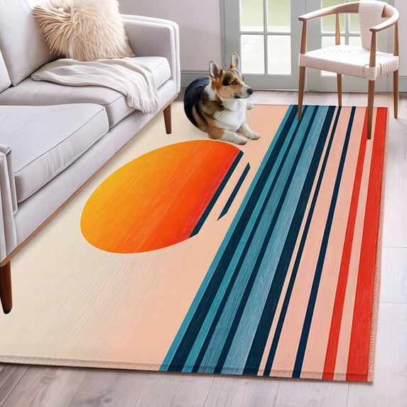 Orange Blue Stripe Area Rug 3x5 Washable Rug Non Slip Watercolor Minimalist Abstract Large Area Rug Indoor Floor Carpet for Entryway Bedroom Kitchen Living Room Home Office Dining Room Nursery
