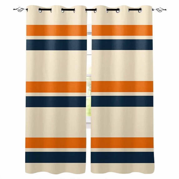 Orange Blue Stripe Blackout Curtains for Bedroom/Living Room, Thermal Insulated Kitchen Curtains, Minimalist Farmhouse Stripes Grommet Darkening Window Treatment Drapes 27.5"x39"x2