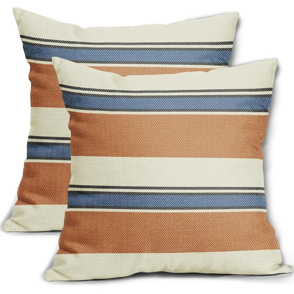 Orange Blue Striped Pillow Covers 18x18 Set of 2 Boho Stripe Pattern Cream Farmhouse Decorative Throw Pillows Outdoor Modern Line Print Linen Cushion Case with Zipper Decor for Sofa Couch Bed