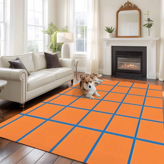Orange Blue Stripes Check Large Area Rugs 5x8 ft Simple Style Lines Abstract Art Washable Rug Non Slip Indoor Carpet Absorbent Floor Mat for Living Room Bedroom Dining Room