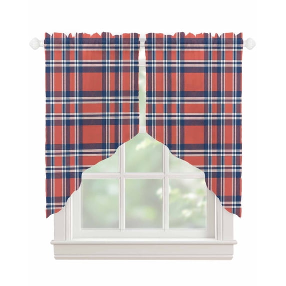 Orange Blue Swag Valances for Windows, British Style Buffalo Plaid Lattice Rod Pocket Sheer Valances for Small Windows, Swag Toppers Light Filtering for Kitchen Living Room 2 Panels 36''x36''