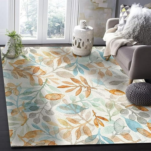Orange Blue Teal Area Rugs, Watercolor Retro Leaves Indoor Carpet, Rug With Non-Slip Backing Easy Can Be Washed For Living Room Bedroom Home Office Floor Rug 2 x 3ft