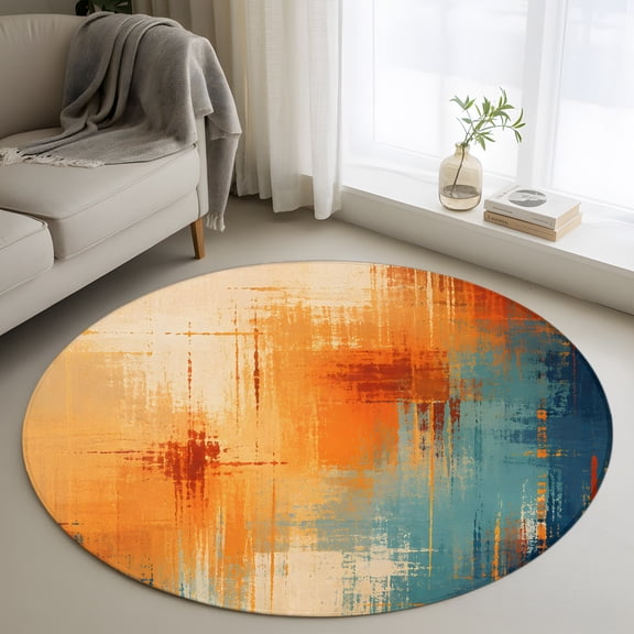 Orange Blue Teal Round Area Rug 4ft, Contemporary Simple Ombre Washable Non-Slip Circle Rugs for Bedroom Living Room Kitchen, Soft Non Shedding Circle Carpet for Dining Room Dorm