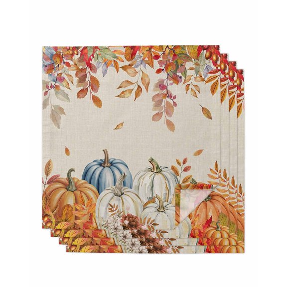 Orange Blue Thanksgiving Fall Cloth Napkins Set of 4 Reusable Dinner Napkins, Rustic Botanical Pumpkins Cocktail Napkin Washable Table Napkins for Wedding/Holiday Party/Baby Shower 20"x20"