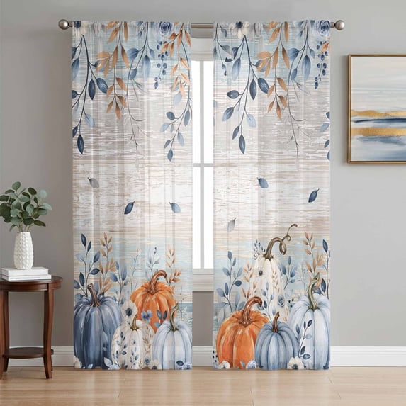 Orange Blue Thanksgiving Sheer Curtains 63 Inch Length 2 Panels Set, Fall Eucalyptus Leaf Green Wooden Window Treatment Rod Pocket Curtains Sheers Drapes for Bedroom/Living Room/Kitchen 52x"63"x2