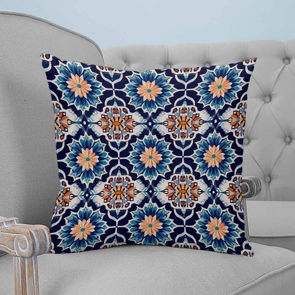 Orange Blue Throw Pillow Covers, Soft Pillowcases with Invisible Zipper, Morocco Boho Abstract Floral Ethnic Tribal Decorative Square Pillow Cushion Covers for Living Room Couch Sofa Bed 24x24 Inches