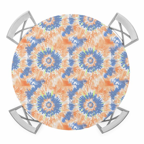 Orange Blue Tie Dye Elastic Fitted Round Table Cover Boho Abstract Art Waterproof Outdoor Tablecloth for Holiday Party, Picnic, Patio & Dining Fits Tables Up to 36"-44"