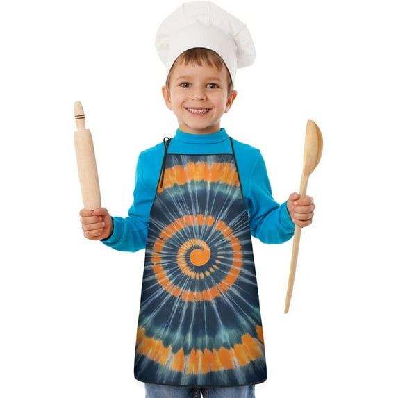 Orange Blue Tie Dye Mandala Pattern Kids Aprons for Girls and Boys,Adjustable Neck Strap Toddler Aprons for Kids Cooking Baking