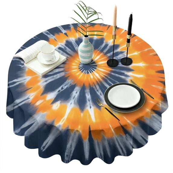 Orange Blue Tie Dye Mandala Pattern Round Tablecloth 60"x60",Wrinkle Wipeable Table Cloth for Kitchen Dining Room Picnic Patio Party