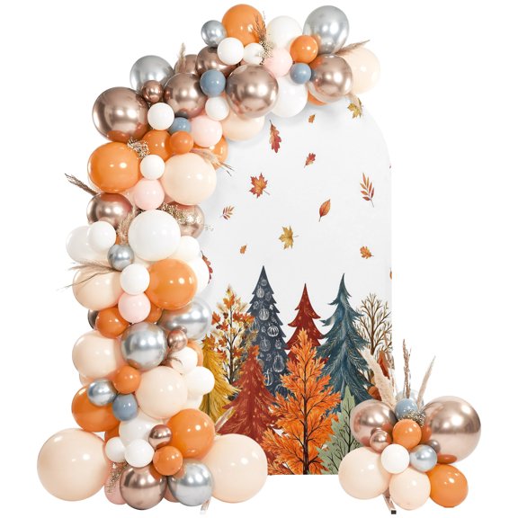Orange Blue Trees Fall Arch Backdrop Cover 6Ft, Wedding Arch Covers Stretchy Backdrop, Maple Leaf Botanical Thanksgiving Fitted 2 Sided Arched Photo Background for Birthday Party Decorations