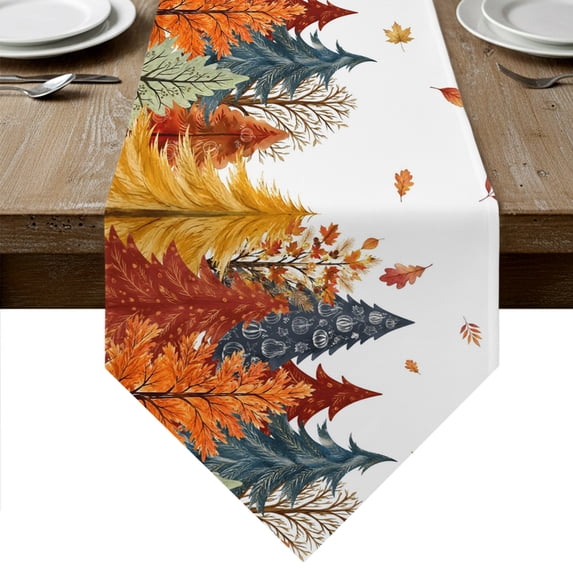 Orange Blue Trees Fall Table Runner Linen Burlap Table Runner 72 Inches Long Maple Leaf Botanical Thanksgiving Dresser Scarves for Kitchen Island Coffee Dining Room Party Holiday Decoration 14"x72"