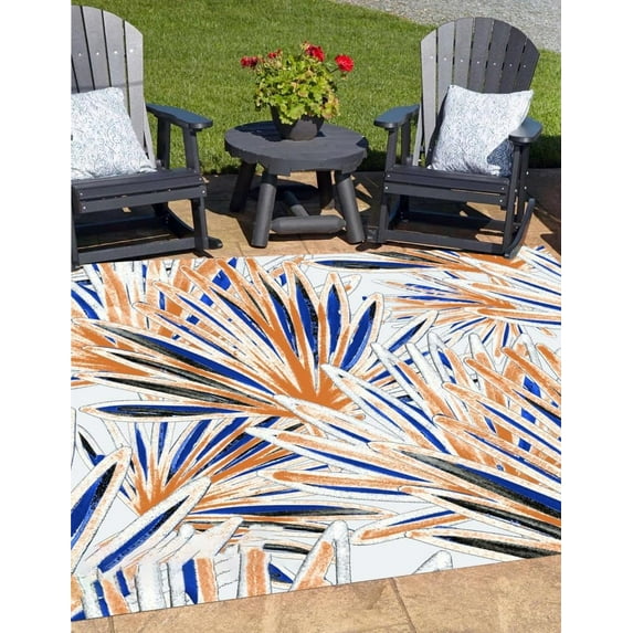 Orange Blue Tropical Botanical Leaves Pattern Indoor Outdoor Area Rug Waterproof No Skid Outside Rug For Backyard Garden Patio Deck Balcony Porch Livingroom Floor Carpet Mats 4x5ft