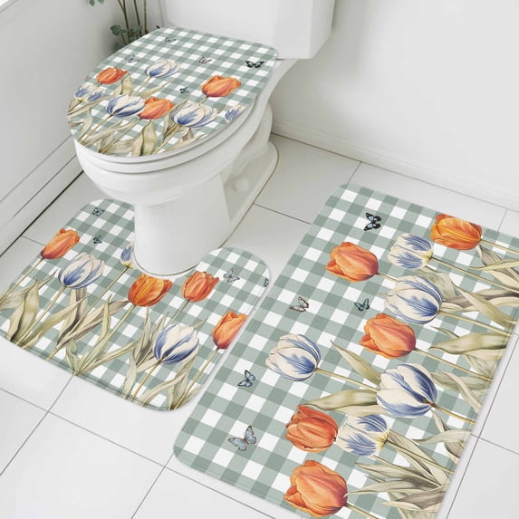 Orange Blue Tulip Bathroom Rugs Set Farm Watercolor Flower Butterfly Green Leaf Green Plaid Non Slip Absorbent Bath Mats 3 Piece Set, U-Shaped Floor Mat, Toilet Seat Cover Large Size