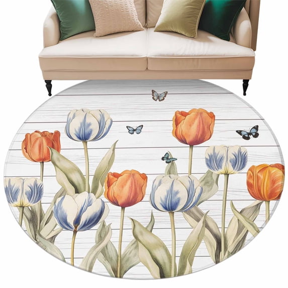 Orange Blue Tulip Round Area Rug 8ft Farm Watercolor Flower Butterfly Green Leaf Wood Grain Non-Slip Washable Circle Rugs Soft Felt Indoor Floor Mat for Bedroom Kitchen Living Room Bathroom