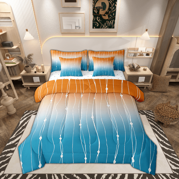 Orange and Blue Twin Comforter Set 7Pcs Men Abstract Aesthetic Bedding Comforter Sets Dot and Wave Line Bed in a Bag Gradient Ombre Bedding Set Watercolor Geometric Bed Sheets Set Room Decor