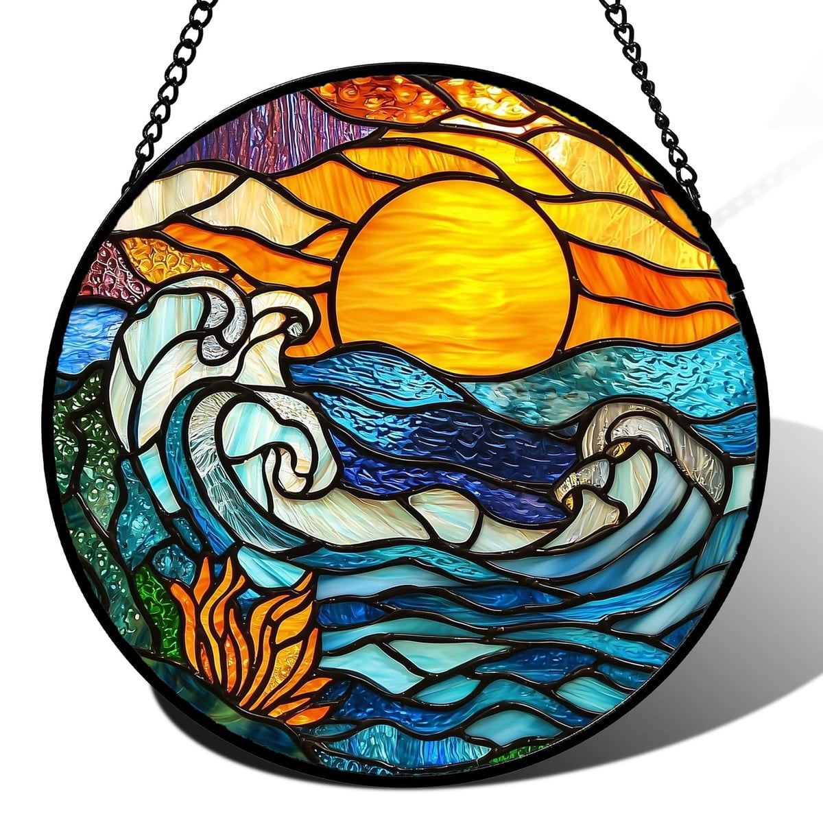 Orange Blue Waves Stained Glass Window Hanging Decor Sunlight Display ...