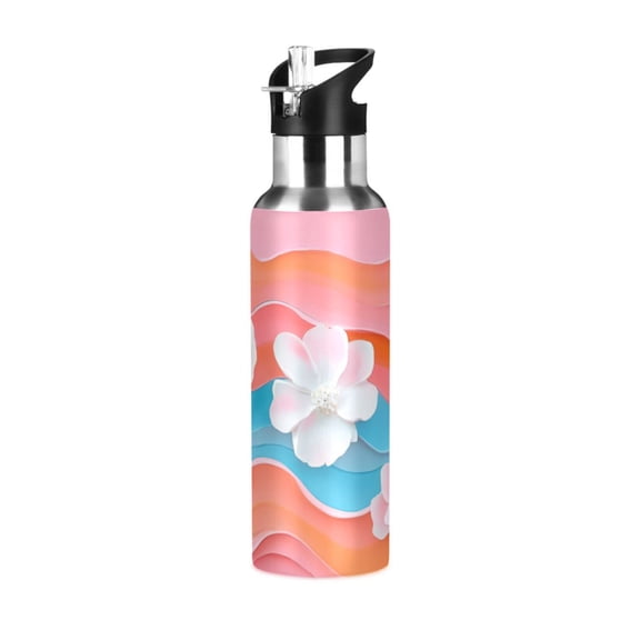Orange Blue Wavy Flowers 3d Sports Bottle with Straw Stainless Steel Water Jug Portable Thermal Cup Leak-proof 600ML