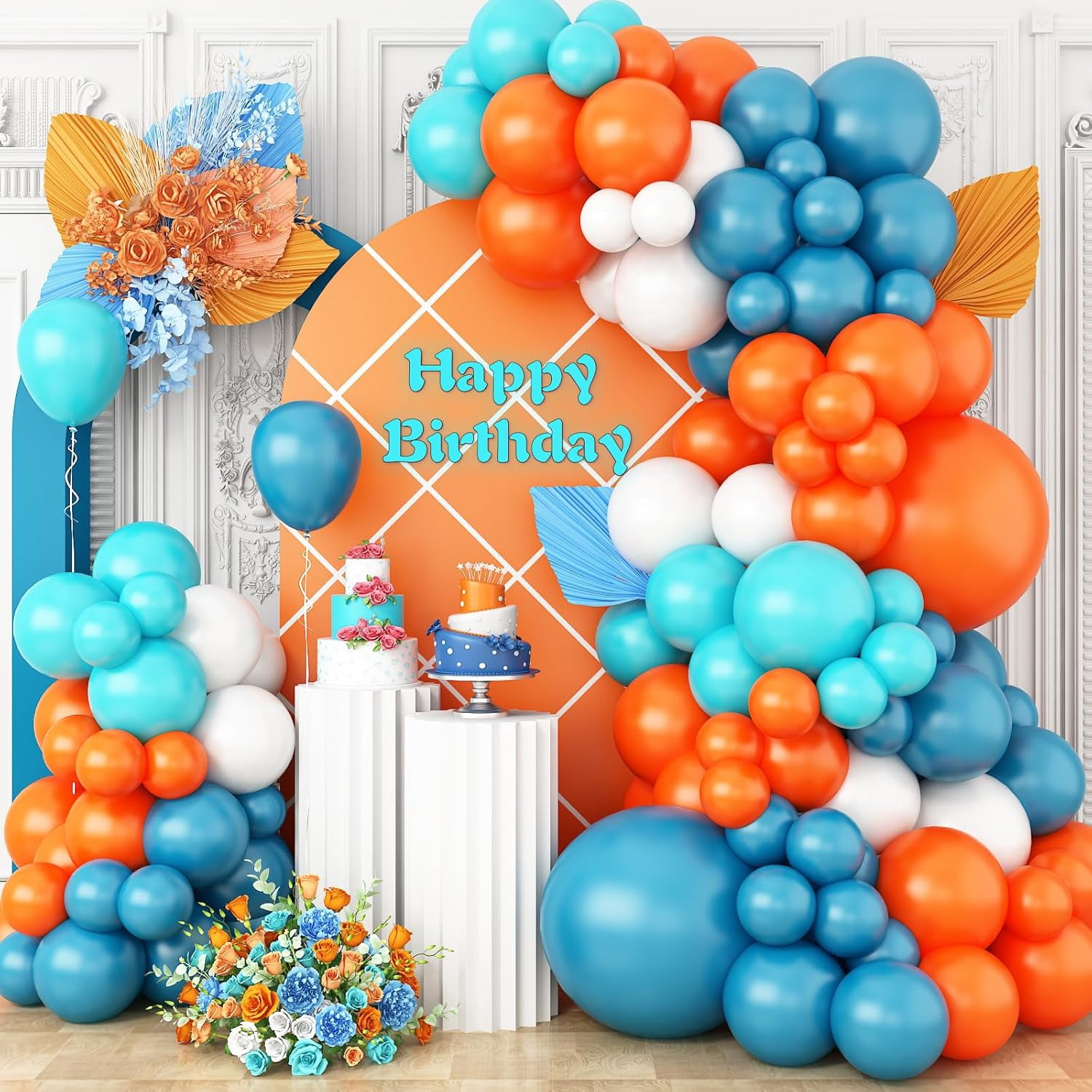 Orange-Blue-White Balloon Arch Garland Kit, Teal Blue Peacock White Latex Balloons, Blue & Orange White Party Balloons for Birthday, Wedding, Baby Shower, Party Supplies