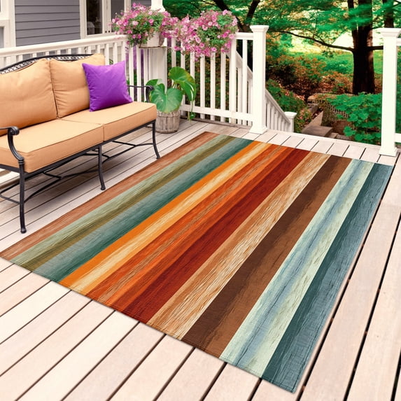 Orange Blue Wooden Outdoor Rug for Patio/Deck/Porch, Non-Slip Large Area Rug 4 x 6 Ft, Farmhouse Striped Modern Art Indoor Outdoor Rugs Washable Area Rugs, Reversible Camping Rug Carpet Runner