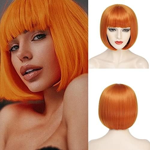 Orange Bob Wig For Women Short Ginger Bob Wig With Bangs Straight Bob Bangs Wig 10 Inch Heat Resistant Synthetic Hair Looking For Daily Party Use