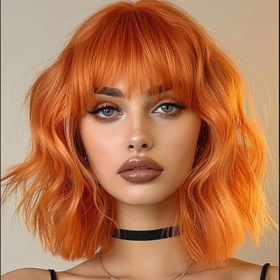 Orange Bob Wig With Bangs For Women | 16 Inch Bob Wavy Wig With Curtain Bangs | Heat Resistant, Wear & Go, No Glue Needed | Cosplay Use