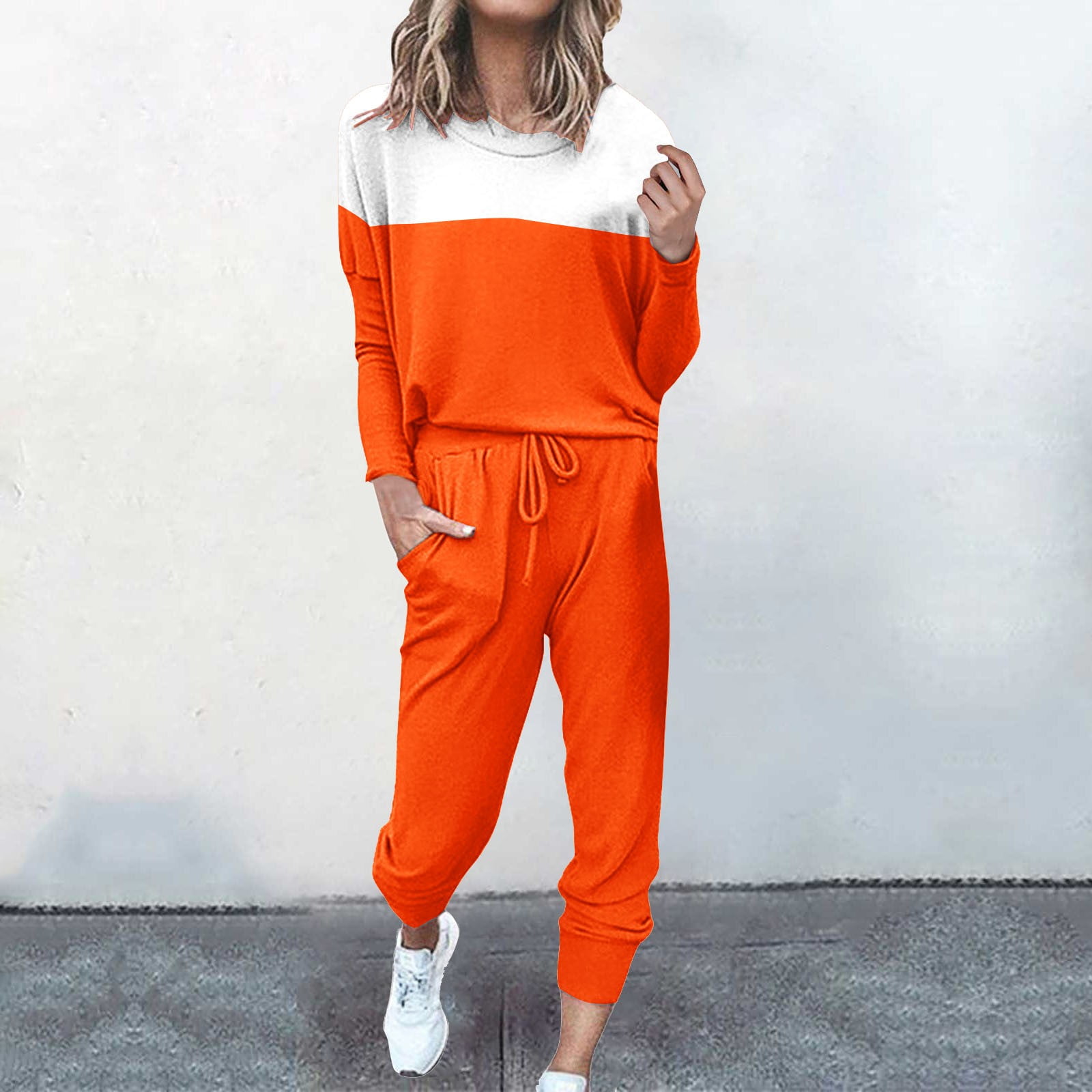 Orange Body Suits for Womens Women s Two Piece Outfit Long Sleeve Crewneck Pullover Tops and Long Pants Tracksuit Sweatsuits with Sweatpants Fall