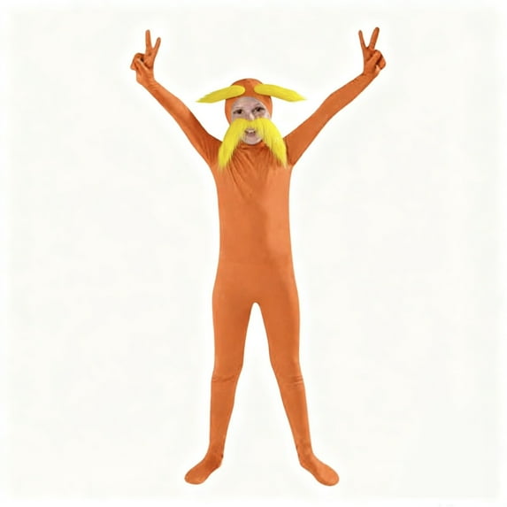 Orange Bodysuit K+i+d's Seamless Full Body Catsuit Stretchy Dance Bodysuit With Eyebrows Beard Sets, Stage Performance, Slim Fit Spandex Unitard Halloween Outfits