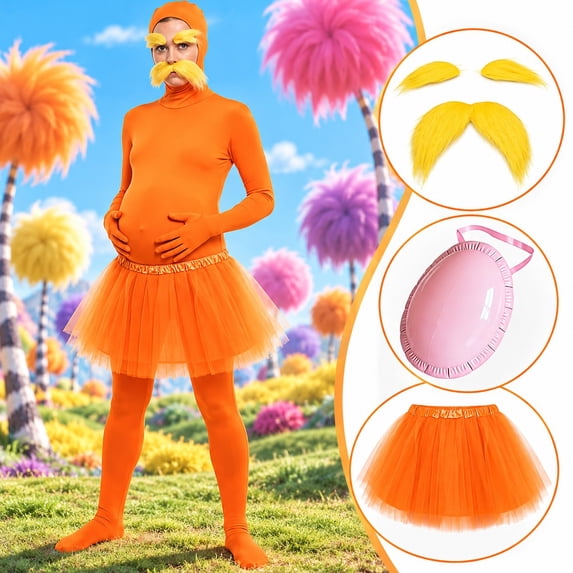 Orange Bodysuit with Yellow Mustache and Eyebrows for Women and Men Spandex Jumpsuit Halloween Party Cosplay Halloween Costume