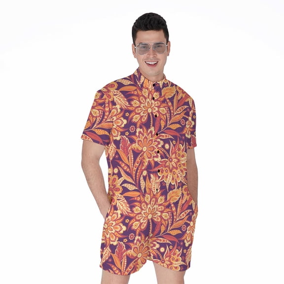 Orange Bohemian Floral Pattern Short Sleeve Men'S Rompers Casual Summer Jumpsuits Outfit