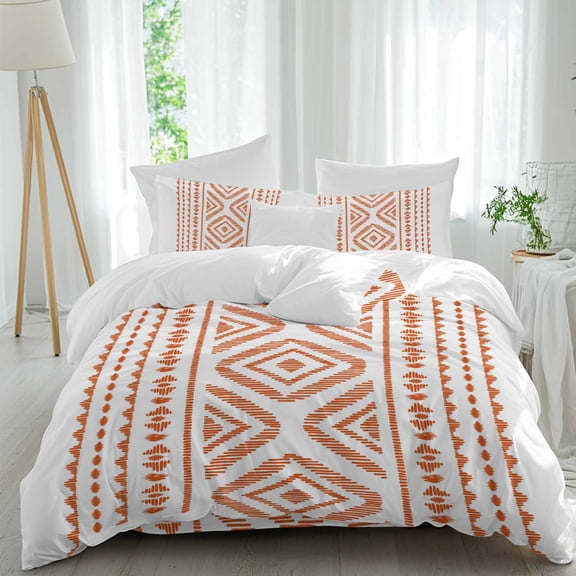Orange Bohemian Queen Size Comforter Set, Vintage Farmhouse Abstract Tribe Bedding for All Seasons, 4 Pcs Bed Set, 1Quiltcover (90"x92") ,1Sheet(94"x116"), 2Pillowcases (30"x20")