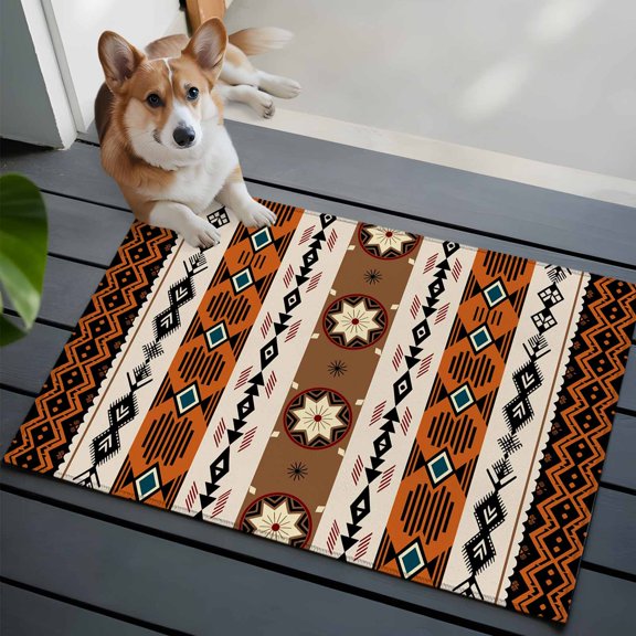 Orange Bohemian Texture Front Door Rugs 2x3 ft National Ethnic Tribe Abstract Geometric Small Rug for Entryway Non Slip Washable Bathroom Door Mat Absorbent Floor Mat for Indoor Entrance
