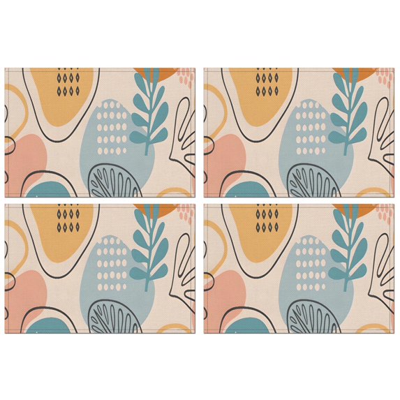 Orange Boho Abstract and Plant Pattern Summer Placemats Table Placemats Set Of 4-Linen Kitchen Washable Placemats Table Mats 11.8"x17.7" Non-Slip Heat Resistant