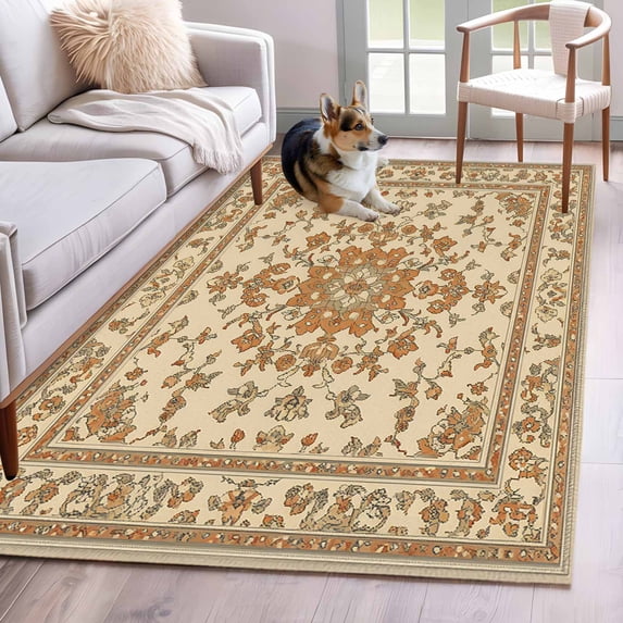 Orange Boho Area Rug 3x5 Washable Rug Non Slip Ethnic Geometric Southwestern Retro Large Area Rug Indoor Floor Carpet for Entryway Bedroom Kitchen Living Room Home Office Dining Room Nursery