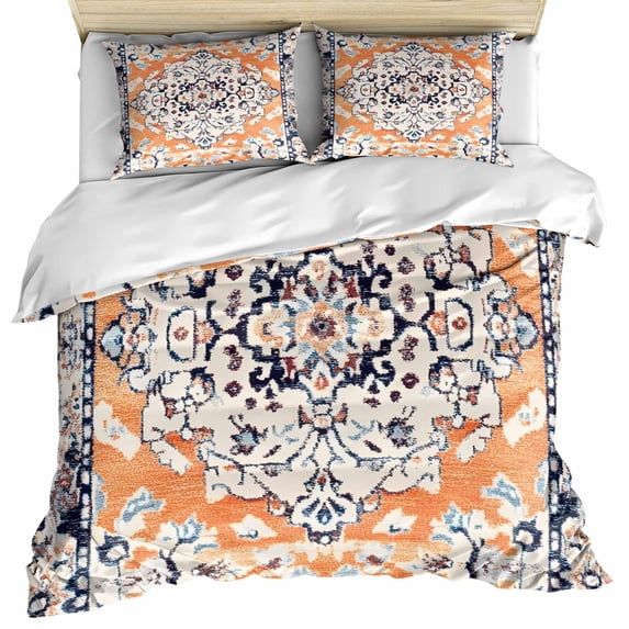 Orange Boho Bedding 3 Piece Duvet Cover Set Queen Size, Vintage Ethnic Tribe Abstract Art Soft Microfiber Comforter Cover with Zipper Closure & Pillowcases, Wrinkle & FadeResistant Quilt Cover