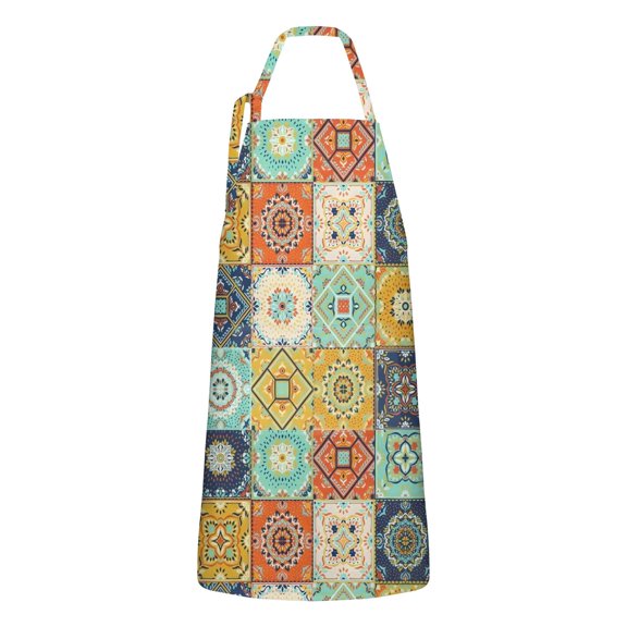Orange Boho Bohemia Floral Geometric Apron-Garden Aprons for Women with Pockets-Cotton Linen Waterproof Kitchen Cooking Gardening Aprons Adjustable for Kitchen,Cooking,BBQ and Salon 33x27 Inch
