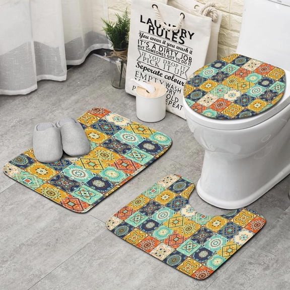 Orange Boho Bohemia Floral Geometric Pattern Bathroom Rugs Sets 3 Piece,Toilet Cover Set,Absorbent Non Slip Bathroom Mats Sets with U-Shaped Contour Rug Toilet Rug Set