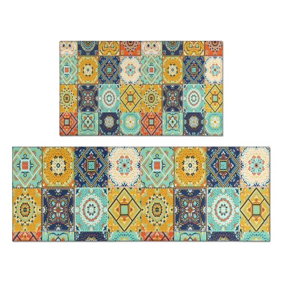 Orange Boho Bohemia Floral Geometric Pattern Kitchen Rugs Sets Of 2,Anti Fatigue Kitchen Mat Rugs Non Slip Washable,Decorative Kitchen Floor Mats for Kitchen,Sink,Laundry,17"x30"+17"x47"