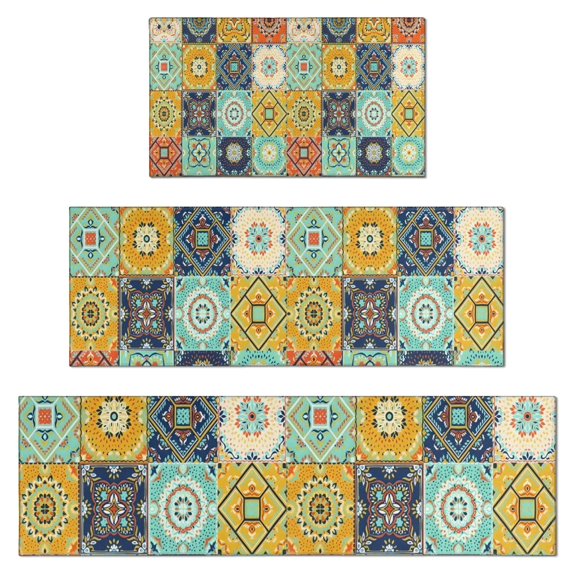 Orange Boho Bohemia Floral Geometric Pattern Kitchen Rugs Sets Of 3,Kitchen Runner Rugs Non Skid Washable,Decorative Kitchen Floor Mats for Kitchen,Sink,Laundry,17"x30"+ 17"x47" + 17"x59"