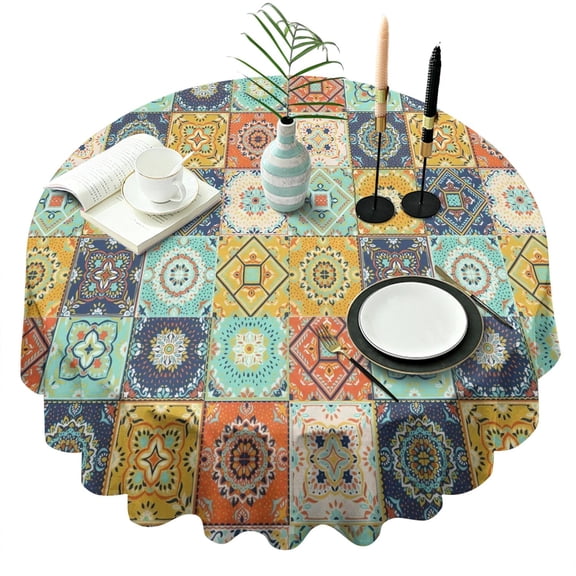 Orange Boho Bohemia Floral Geometric Pattern Round Tablecloth 60"x60",Wrinkle Wipeable Table Cloth for Kitchen Dining Room Picnic Patio Party