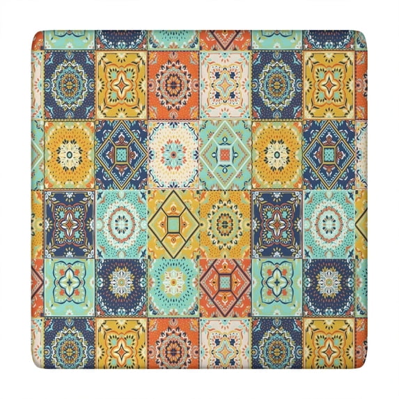 Orange Boho Bohemia Floral Geometric Pattern Square Fitted Tablecloth with Elastic Edge,Square Table Cover,Washable Elastic Table Cover for Home Kitchen Party Decor 34"x34"