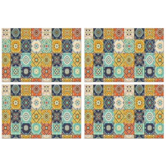 Orange Boho Bohemia Floral Geometric Pattern Summer Placemats Table Placemats Set Of 4-Linen Kitchen Washable Placemats Table Mats 11.8"x17.7" Non-Slip Heat Resistant