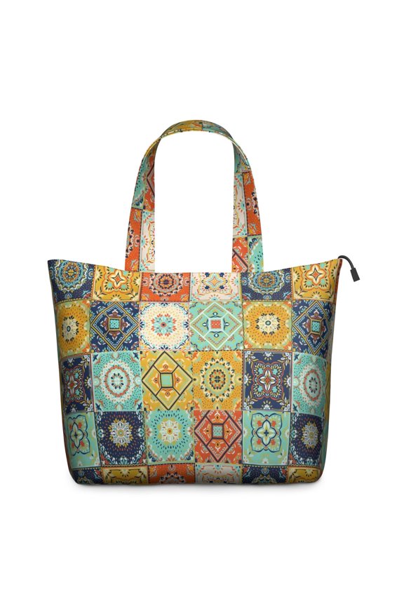 Orange Boho Bohemia Floral Geometric Pattern Travel Tote Bags for Women Carry On,Large Weekender Bags for Women Travel,Multi Functional Duffle Bag for Work,Shopping,Sports