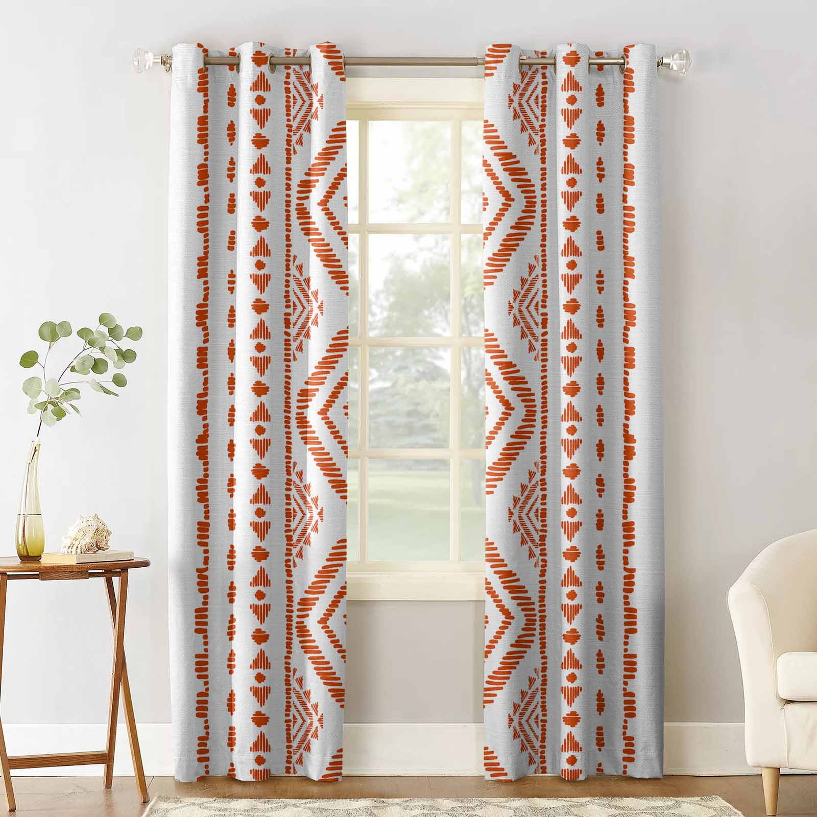 Orange Boho Bohemian Farmhouse Geometric Stripes Blackout Curtains 84 Inches Length, Window ...