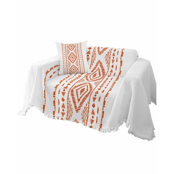 Orange Boho Bohemian Farmhouse Geometric Stripes Sofa Couch Covers for Dogs,Washable Sectional Couch Slipcovers for Loveseat with Tassels,Non Slip Sofa Throw Cover Blanket Large 71''x102''