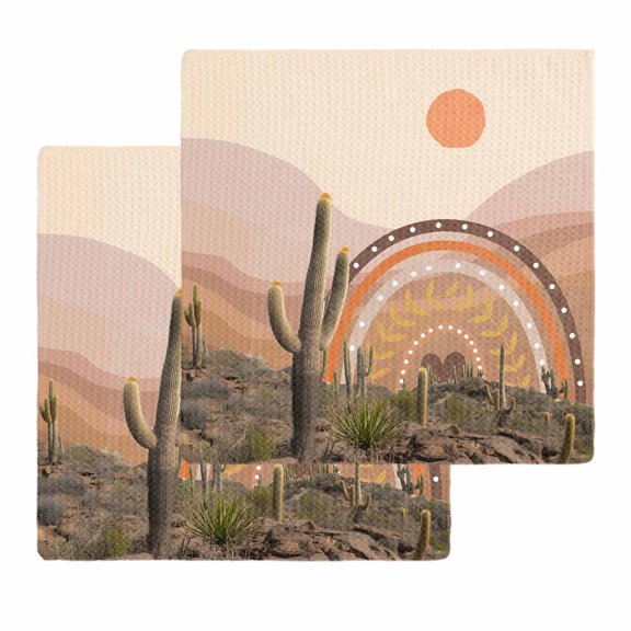 Orange Boho Cactus Kitchen Dish Towels for Drying Dishes Set of 2, Tropical Abstract Art Summer Waffle Weave Microfiber Hand Tea Bathroom Towels Quick Dry & Absorbent Towel 12x12