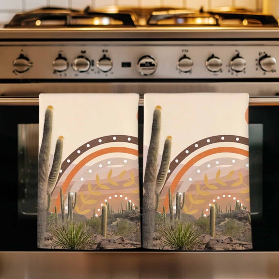 Orange Boho Cactus Kitchen Towels Set of 1, Tropical Abstract Art Summer Absorbent Dish Towels for Kitchen, Microfiber Hand Towel, Quick Drying Tea Towel for Cleaning Decorative Dishcloths