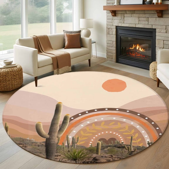 Orange Boho Cactus Round Area Rug 6Ft Washable Circle Rugs for Bathroom Office, Tropical Abstract Art Summer Non-Slip Carpet Floor Mats Indoor Outdoor Carpet Runner Aesthetic Home Decor