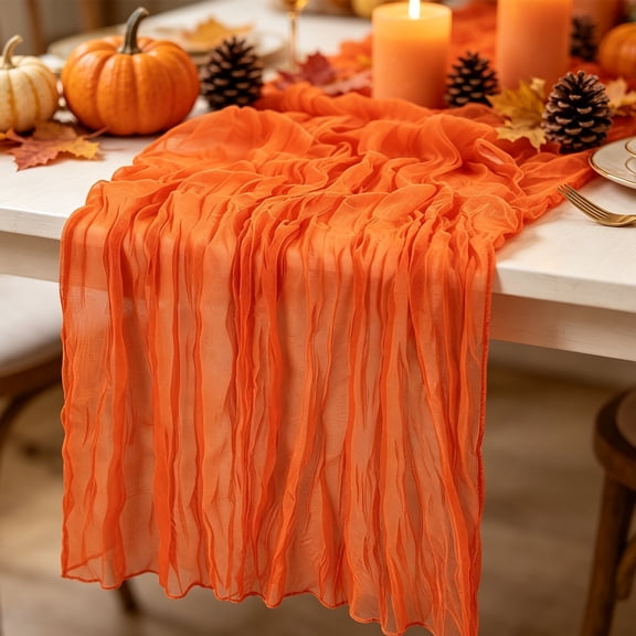 Orange Boho Cheesecloth Table Runner, Pleated Polyester Gauze Table Runner, 70.87 x 35.43 Inch, Thanksgiving Fall Wedding Party Table Decoration