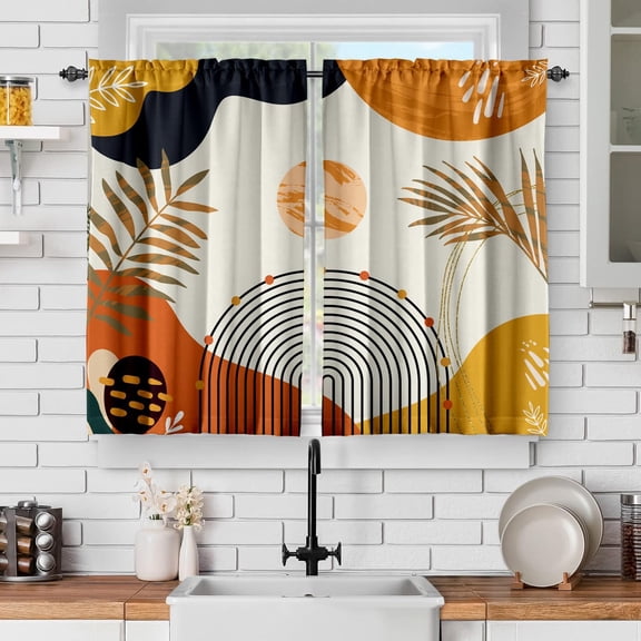 Orange Boho Curtains 39 Inch Mid Century Cafe Drapes for Small Windows Abstract Leaves Rainbow Colorful Modern Geometric Window Curtains for Kitchen Living Room Bathroom Laundry 2 Panels