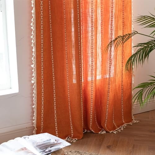 Orange Boho Curtains 63 inches Length for Kitchen, Vintage Bohemian Embroidery Farmhouse Cotton Linen Autumn Country Tassel Window Treatments Fall Thanksgiving Decor, W52 x L63, 1 Panel